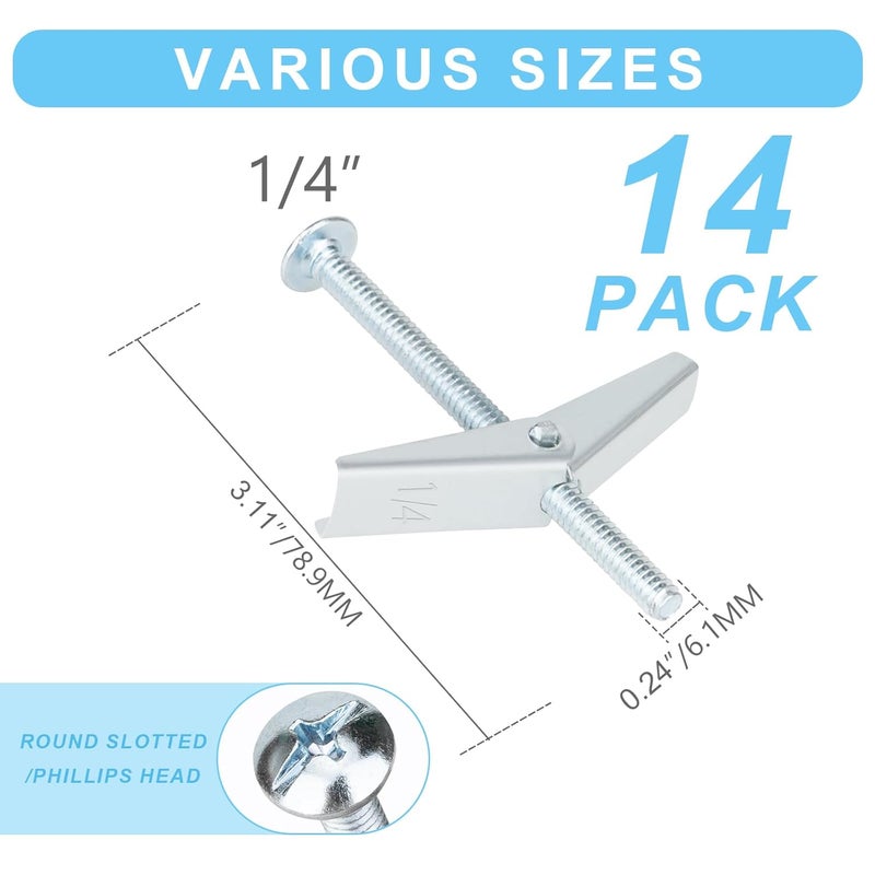 Vmuter 14Pcs Hollow Wall Anchors 1/4” Heavy Duty Butterfly Anchors for Drywall, Toggle Bolts and Wing Nut Kit, Metal Drywall Anchors and Screws Assortment Set - Image 2